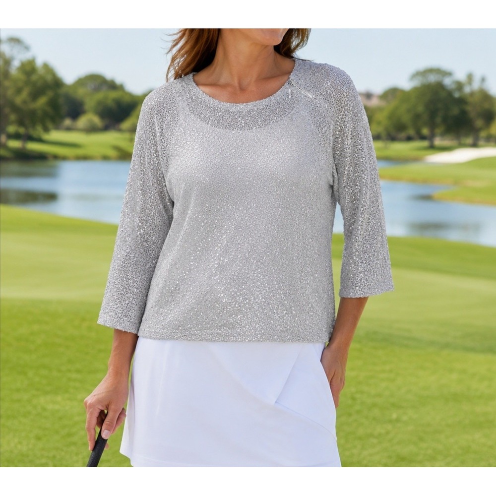 Jamie Sadock M Popcorn Knit Pullover Women's Lightweight Semi Sheer Cropped Golf